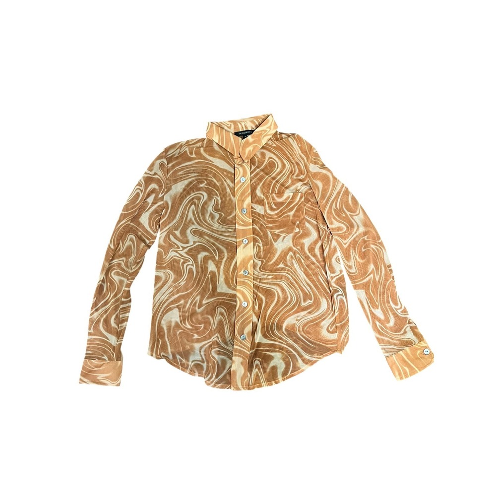 Olivaceous Brown Tan Marble Swirl Mesh Button Down Shirt Long Sleeve Womens M